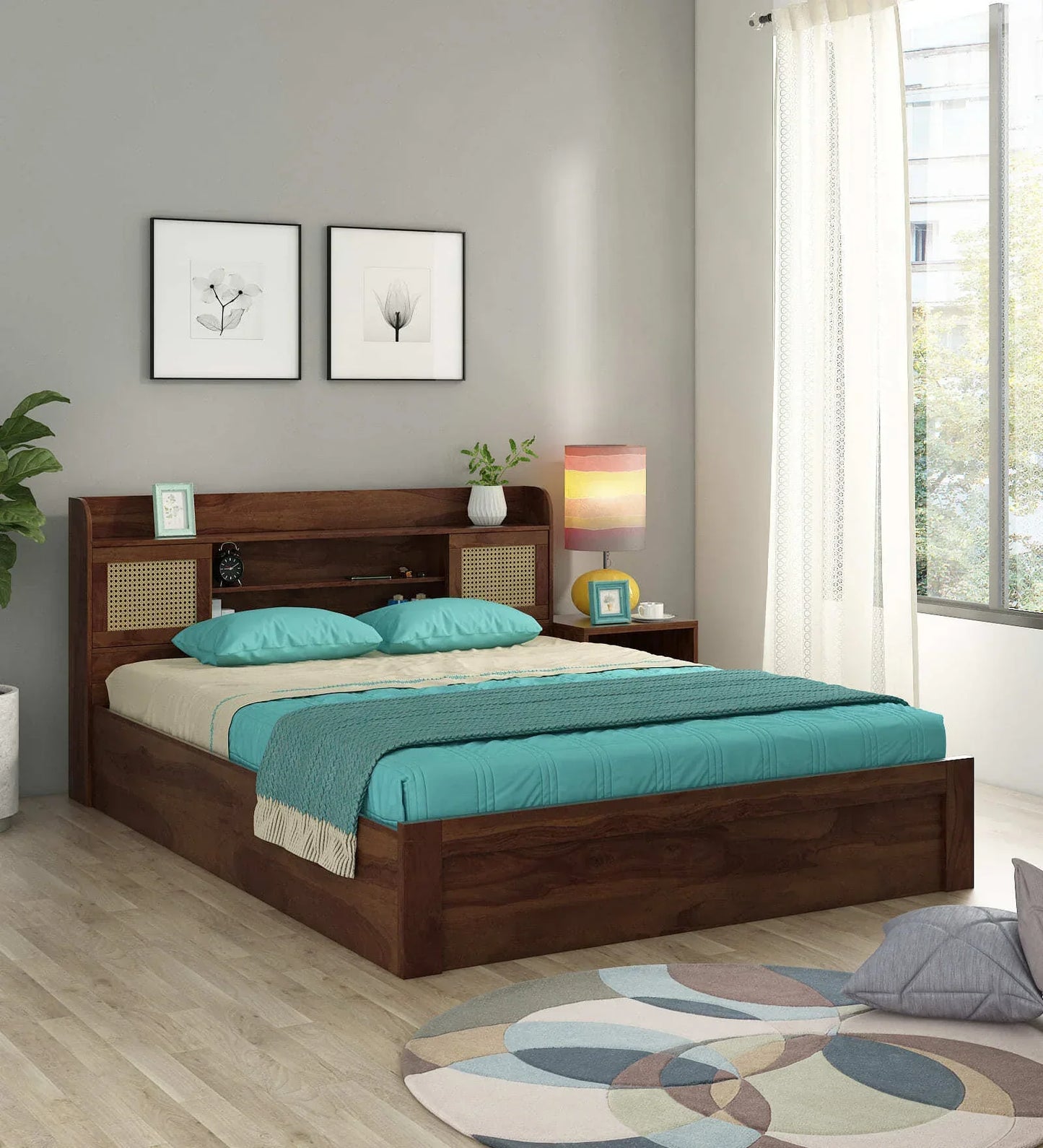 Queen Size Bed in Sheesham Melamine Finish with Box Storage