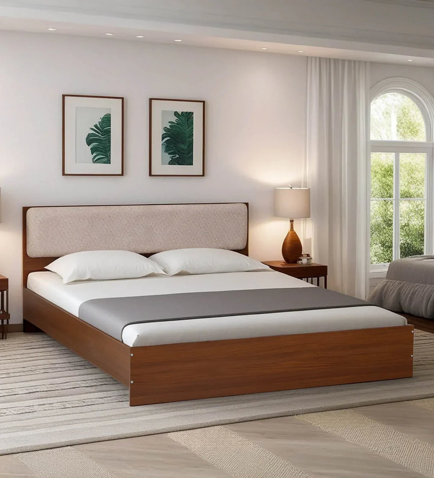 King size Bed in Planked Walnut Finish with Upholstered Headboard