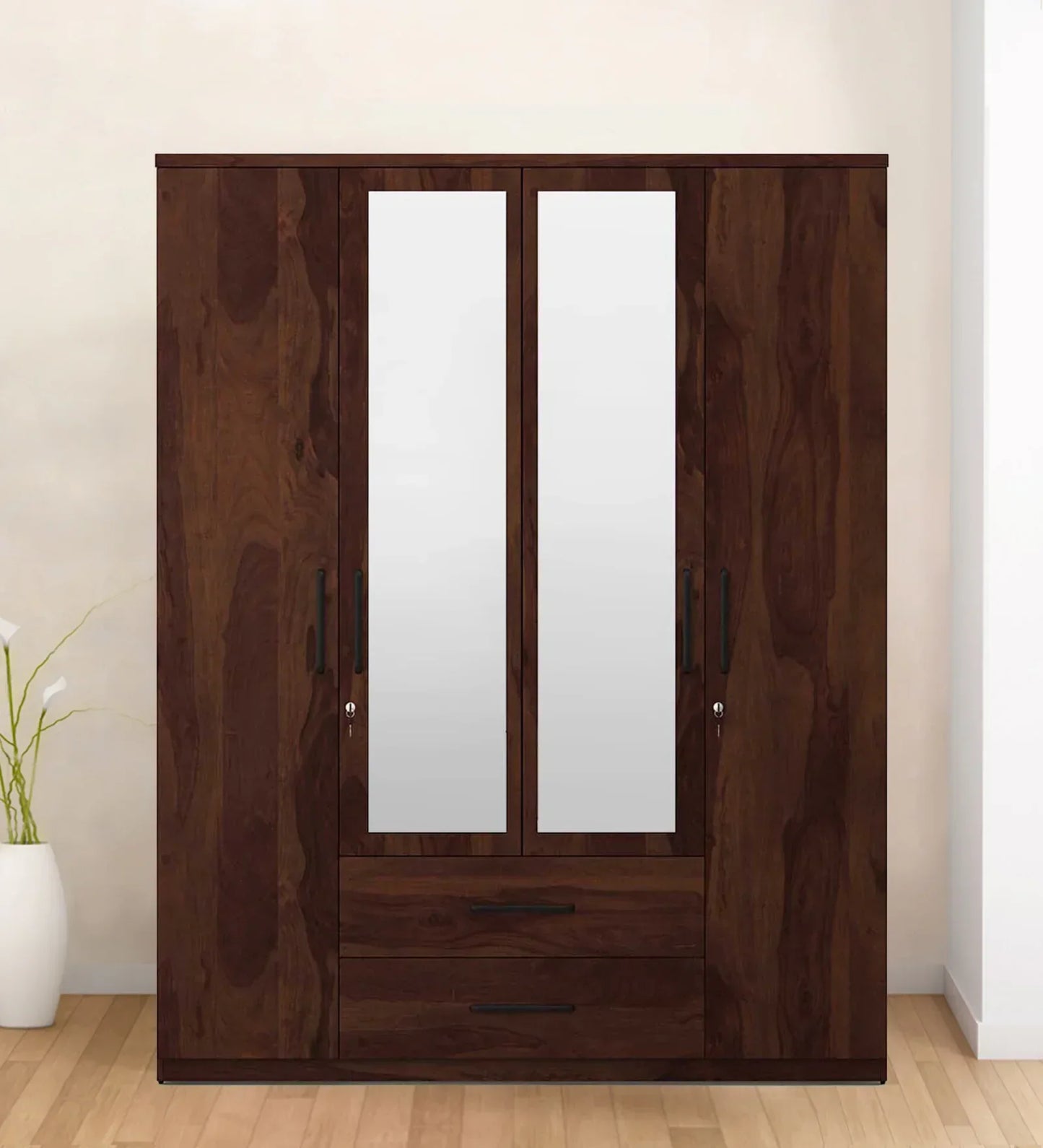 4 Door Wardrobe With Mirror In Sheesham Woodpore Finish With Locker & Drawer