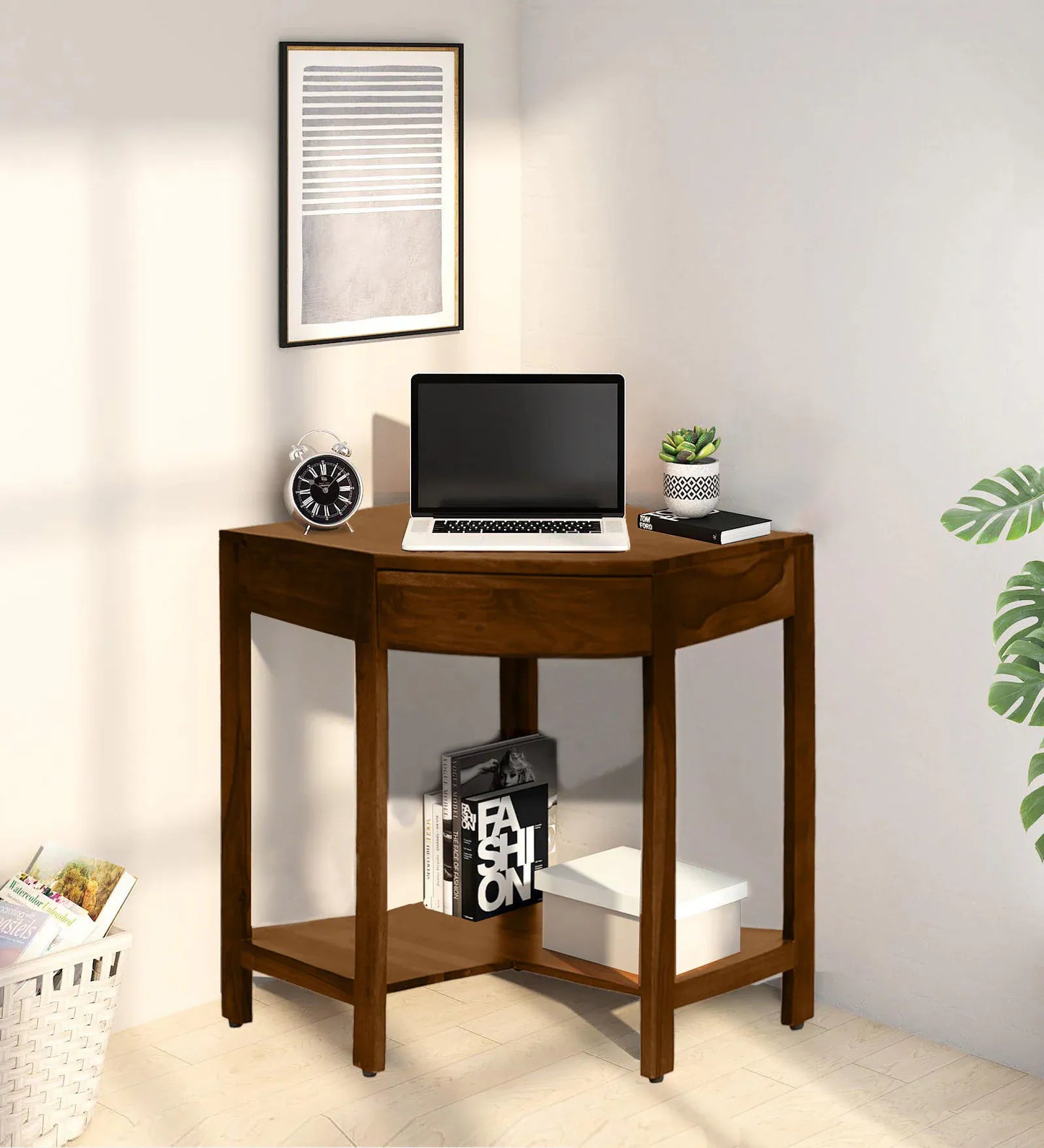 Sheesham Wood Corner Writing Table in Scratch Resistant Provincial Teak Finish