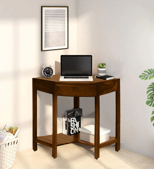 Sheesham Wood Corner Writing Table in Scratch Resistant Provincial Teak Finish