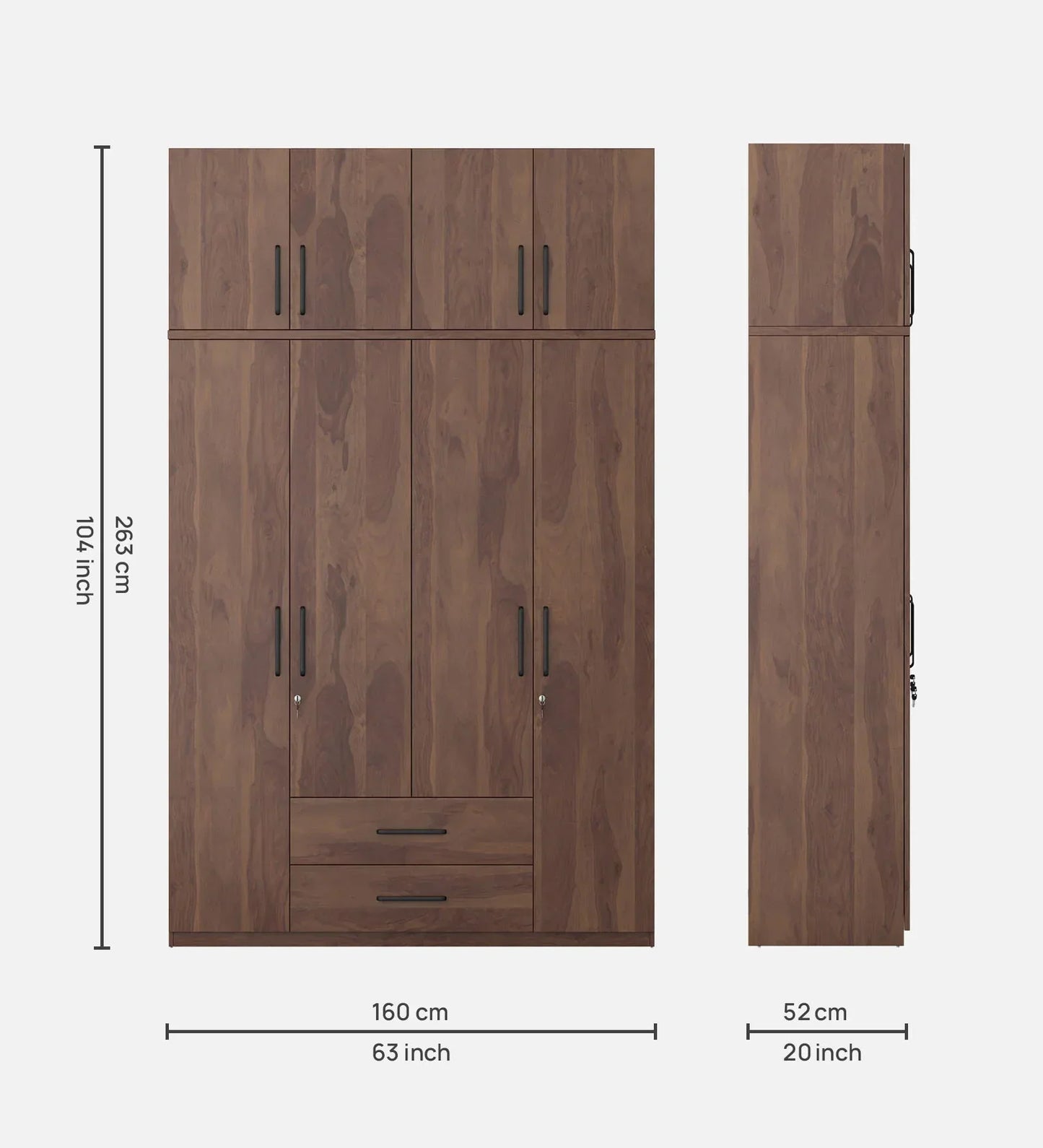 Solid Wood 4 Door Wardrobe With Loft In Sheesham Finish With Locker & Drawer