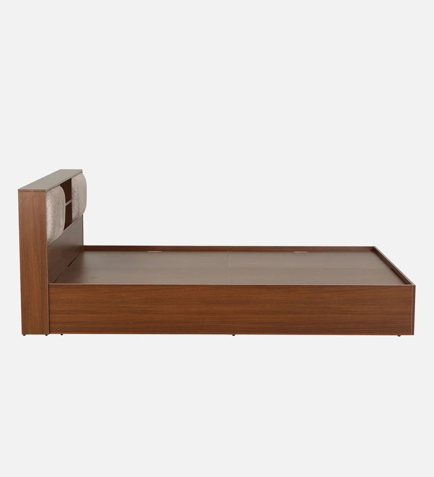 King size Bed in Planked Walnut Finish with Box Storage & Upholstered Headboard Storage