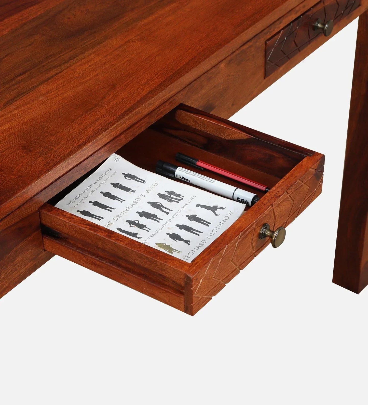 Sheesham Wood Writing Table in Scratch Resistant Honey Oak Finish With Drawers