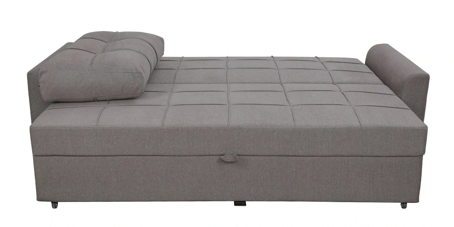 Fabric Pull Out Sofa Cum Bed In Sandy Brown Colour With Storage